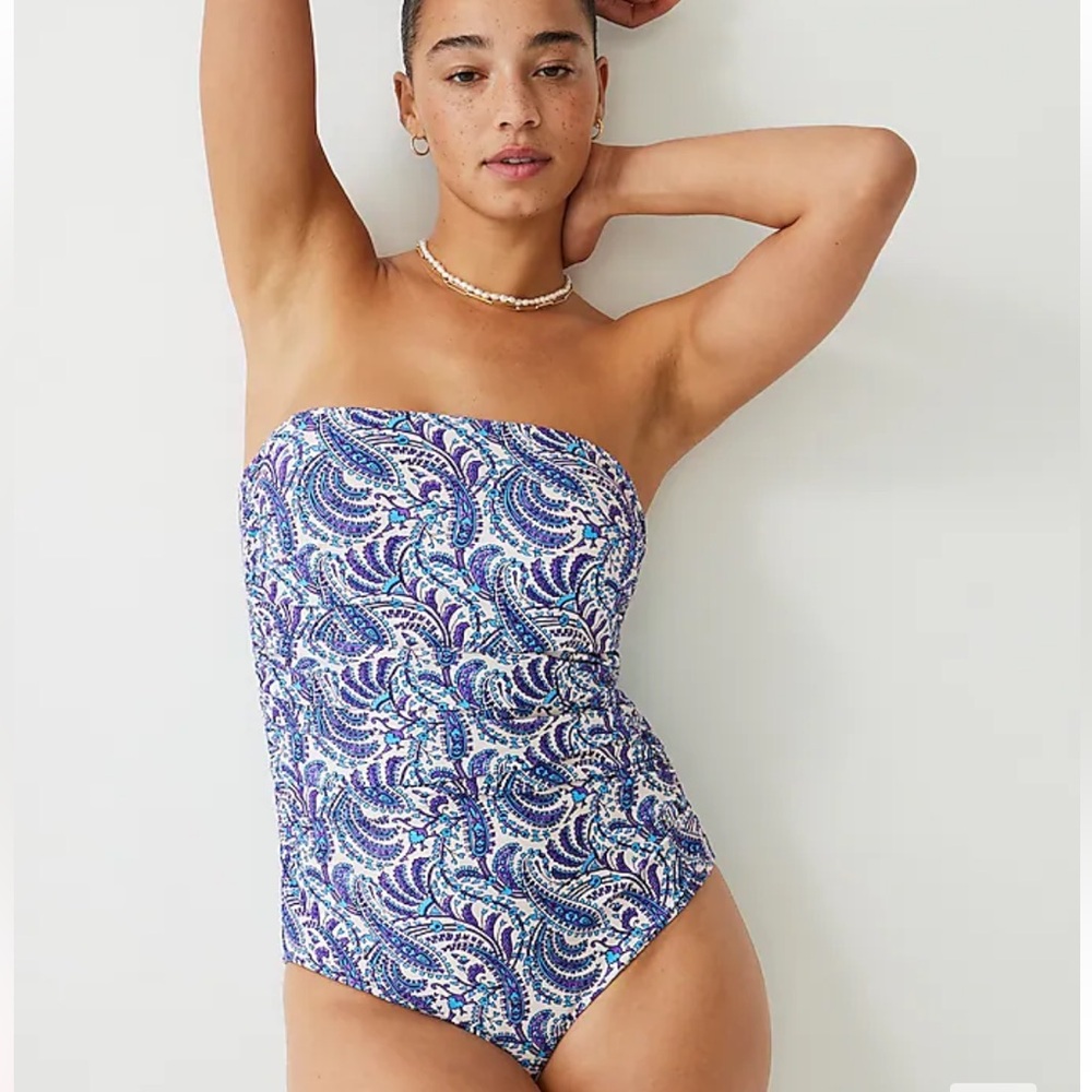 J. Crew Purple Paisely Ruched Bandeau One-Piece Swimsuit